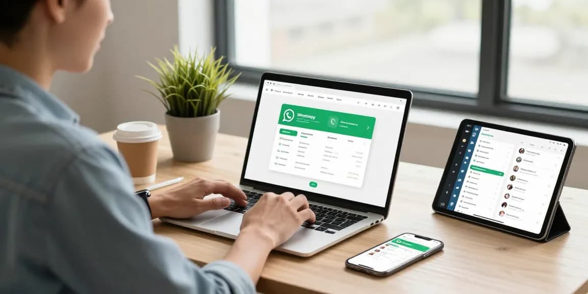 WhatsApp下載 in a modern tech workspace with user downloading app on laptop