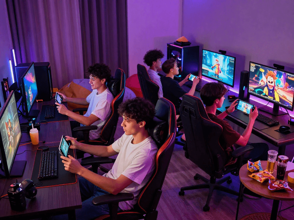 Friends enjoying a fun gaming session while playing porngame on handheld devices in a vibrant gaming room.