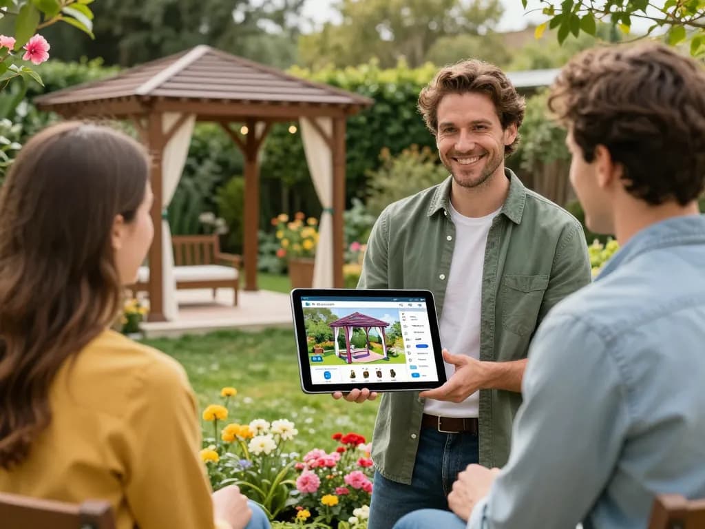 Salesperson demonstrating the All-in-One pergola Configurator to clients in a garden.