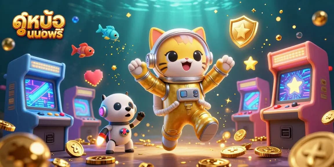 Experience ดูหนังออนไลน์ฟรี with a 3D cartoon space astronaut cat floating in a vibrant casino-themed universe.