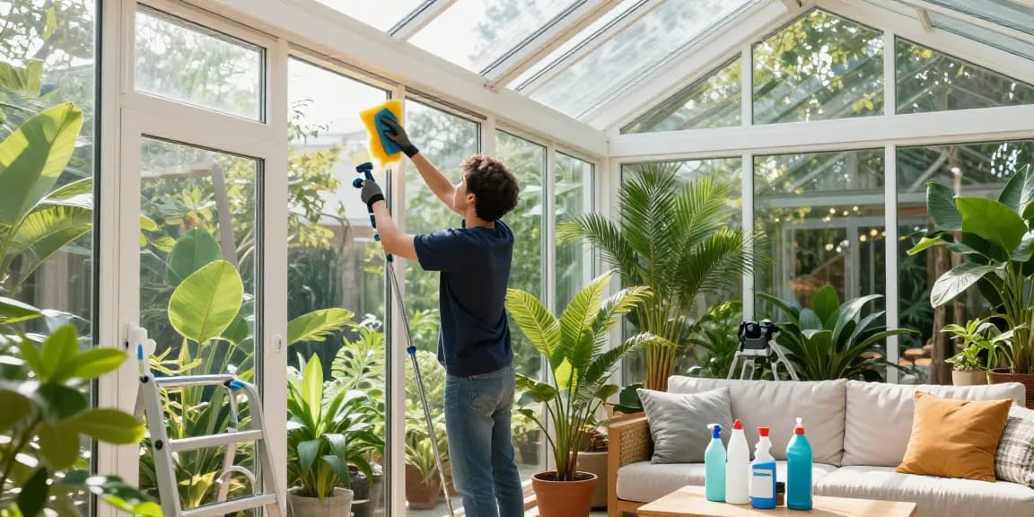 Professionelle Wintergartenreinigung: Mitarbeiter reinigt Glasflächen und Fensterrahmen in lichtdurchflutetem Wintergarten mit Pflanzen und gemütlicher Sitzecke.