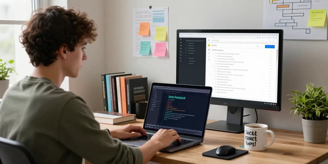 Advanced React developer course student focused on learning in a modern home workspace with coding tools and resources.