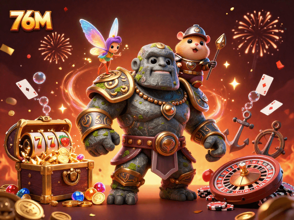 Ilustração do golem de pedra e o hamster cavaleiro jogando no cassino 76M.