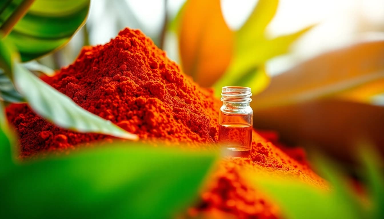 Showcasing why is astaxanthin red, vibrant astaxanthin powder next to a glass vial in a natural green setting.