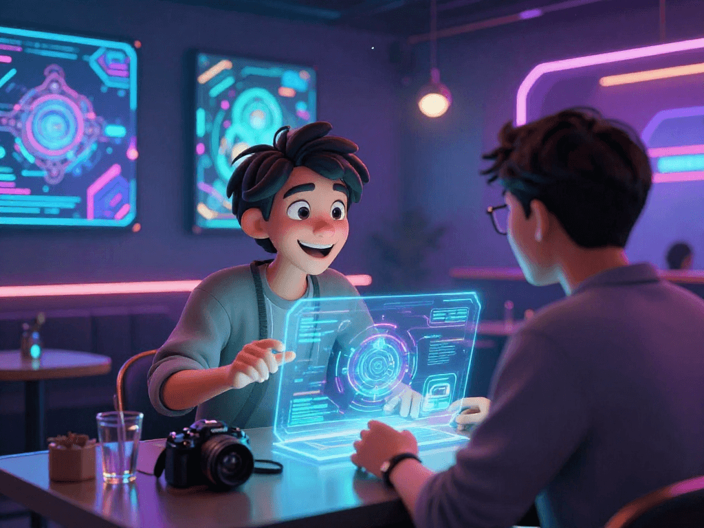 A dynamic character AI nsfw interaction in a neon digital lounge showcasing user engagement with holographic technology.