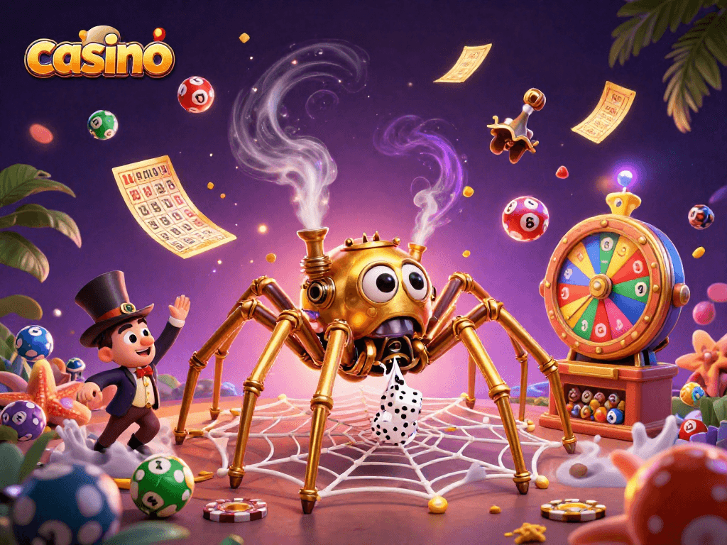 Casino-themed 3D illustration displaying a golden spider and Victorian fly among vibrant lottery elements.