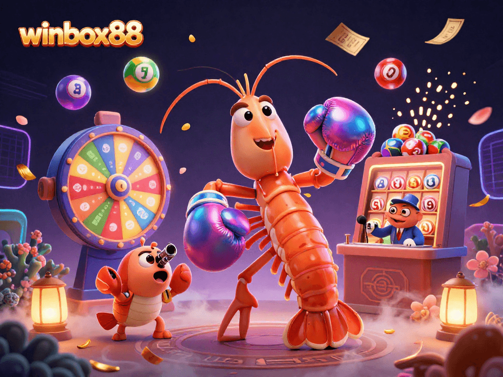Experience winbox88 with vibrant 3D shrimp characters amidst dynamic lottery elements and casino excitement.