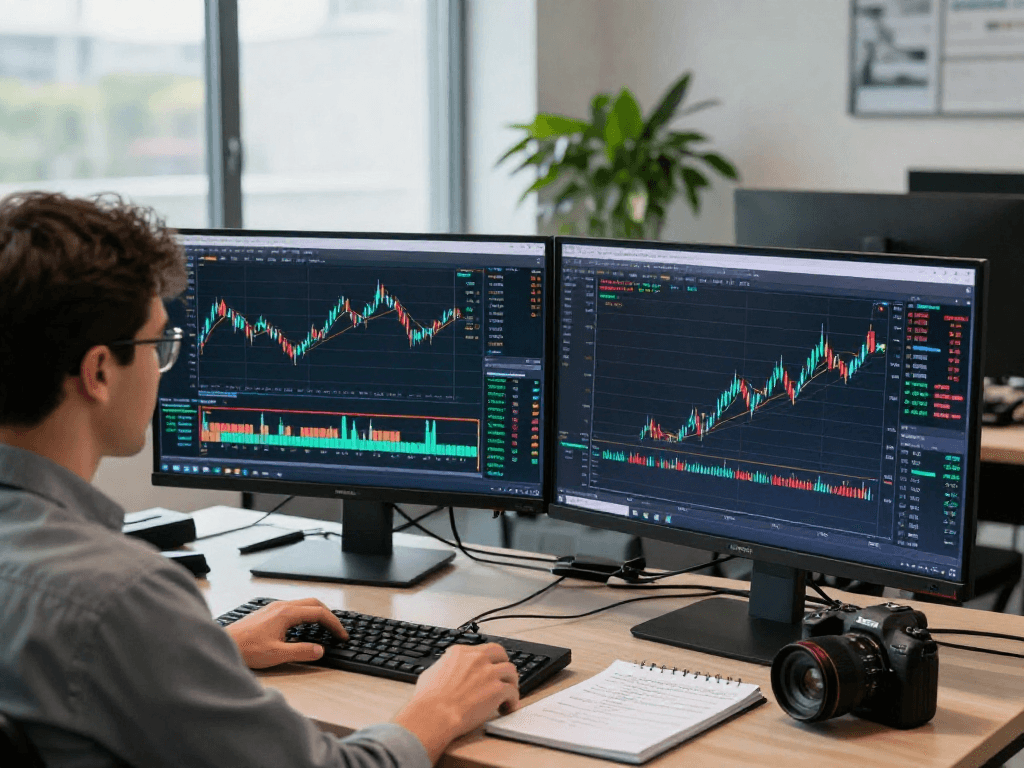 Traders analyzing financial data on MetaTrader 5 platform in a professional office setting.