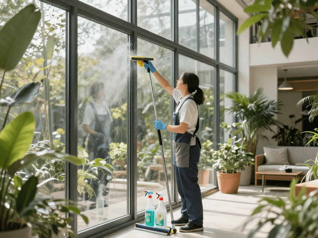 Professionelle Wintergartenreinigung mit strahlenden Fenstern und harmonischer Atmosphäre.