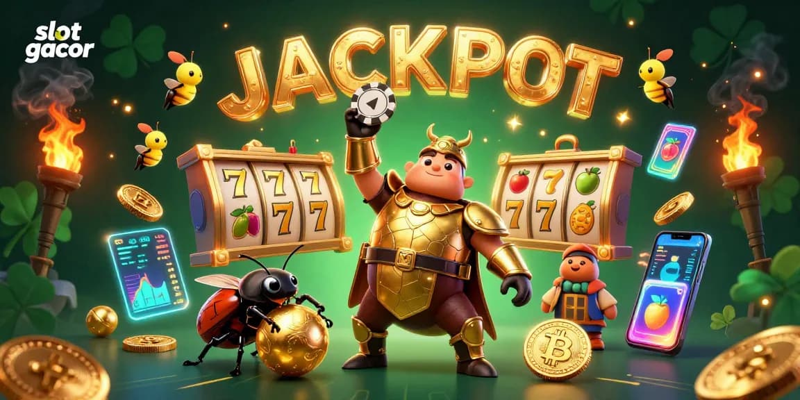 Experience the excitement of slot gacor with vibrant 3D elements featuring a victorious beetle and gold coins.