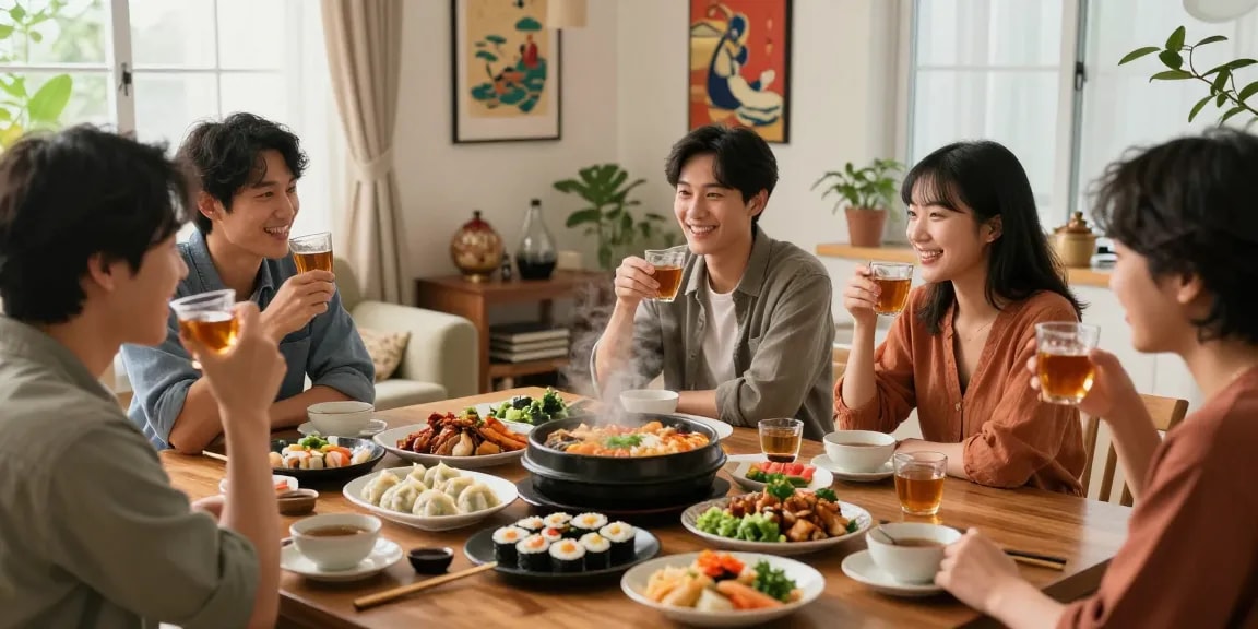 Gathering at https://hanadultalk.com showcasing Asian cuisines and cultural discussions in a vibrant, cozy setting.