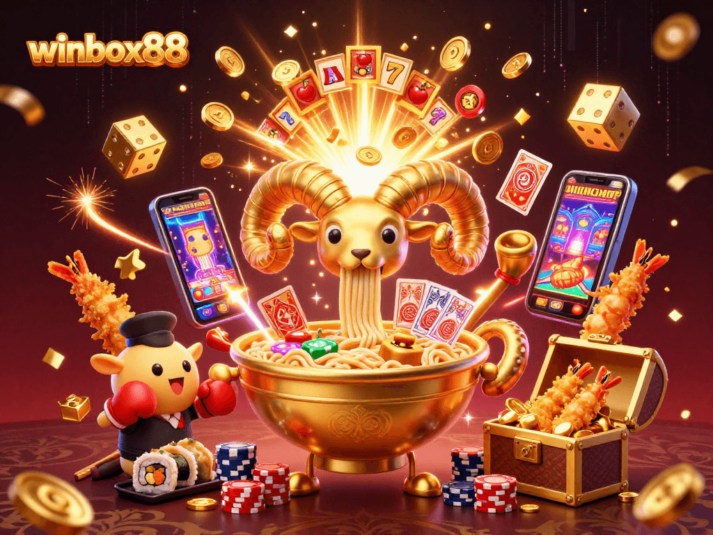 Winbox88 showcases a vibrant online casino scene with a ramen bowl dealer and exciting game elements.