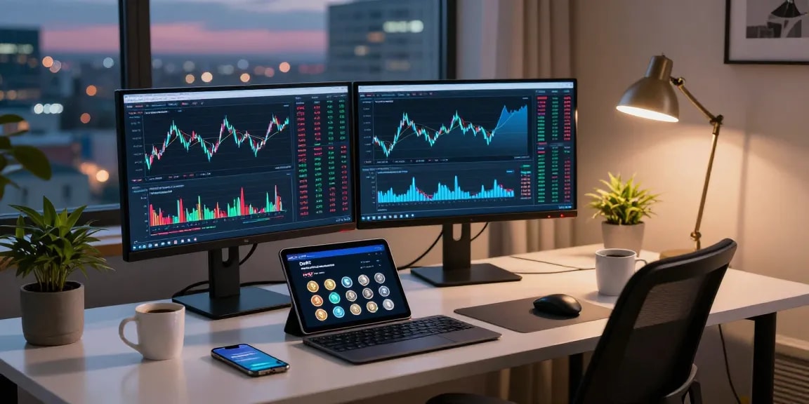 HCNWF stock price displayed on dual monitors in a dynamic crypto trading workspace with digital wallet and DeFi dashboard.