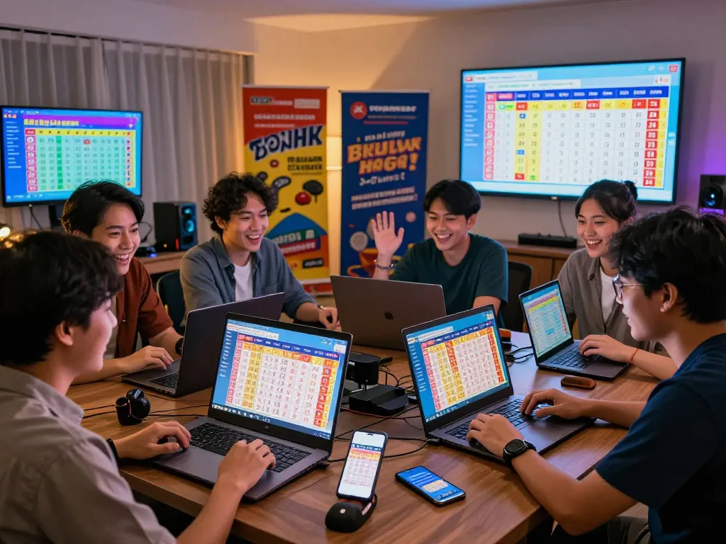 Engaging scene of players analyzing Data HK results in a vibrant Togel Hongkong gaming environment, capturing the excitement of live lottery draws.