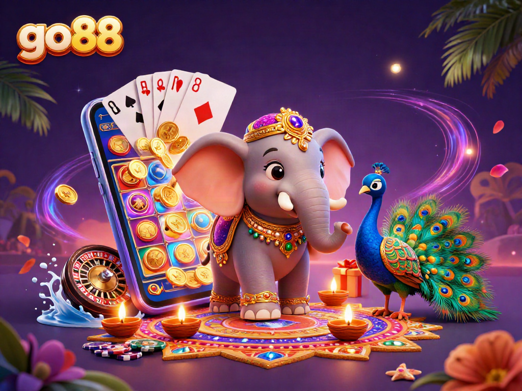 Engage with go88's vibrant casino experience through a dynamic 3D elephant-themed illustration showcasing rich gaming elements.