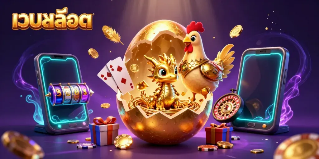 Engage with เว็บสล็อต featuring a golden dragon on poker chips amidst an energetic casino scene.