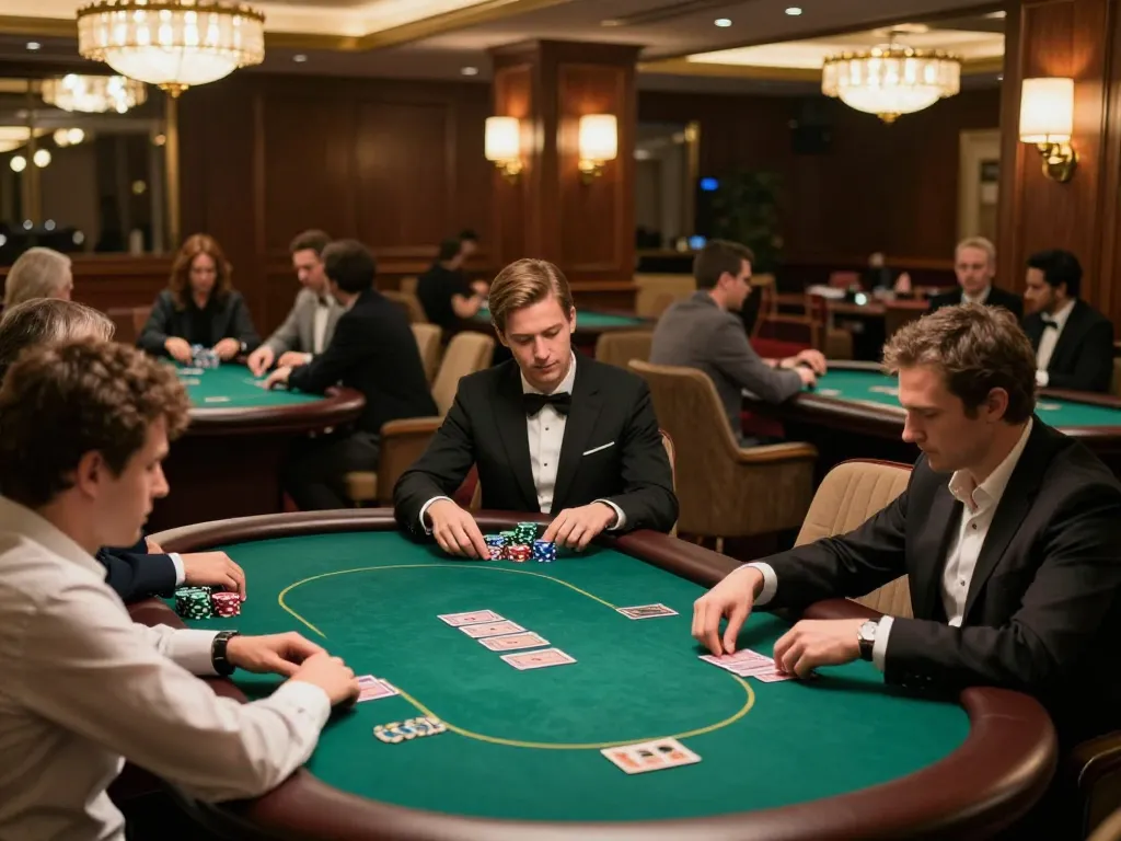 Engaged players strategizing their poker hands in a VIP setting at the casino, emphasizing superjp gaming dynamics.