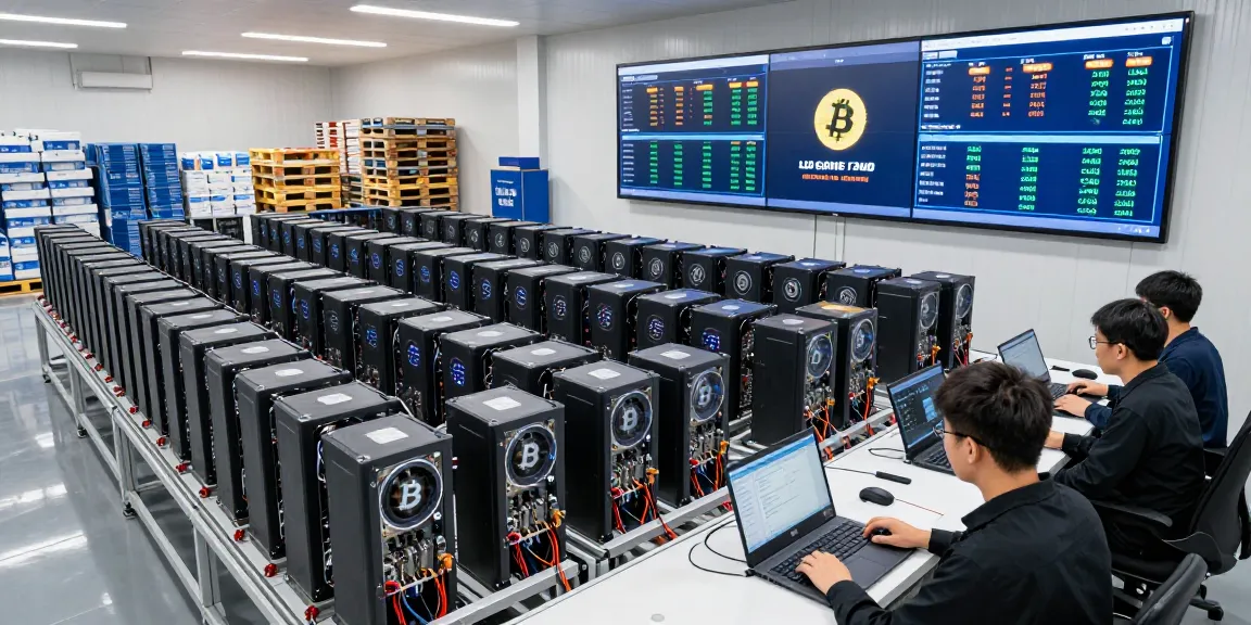 bitcoin mining farm with ASIC miners, monitoring crypto performance, and secure blockchain operations