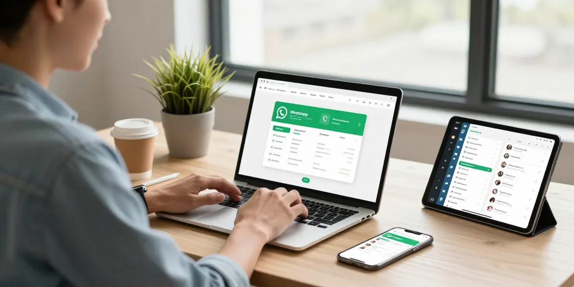 WhatsApp下載 in a modern tech workspace with user downloading app on laptop