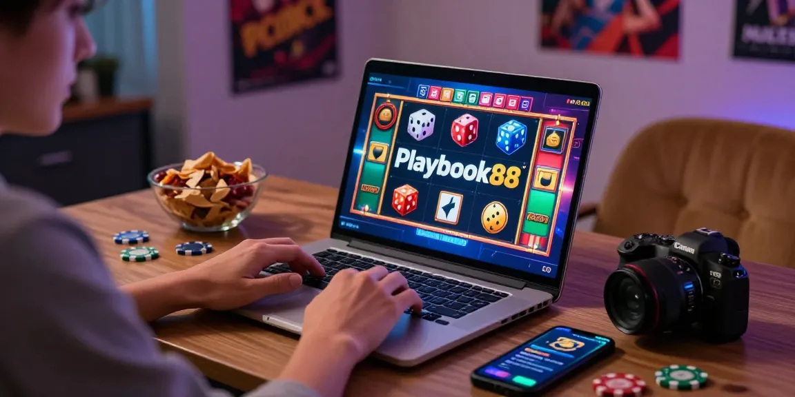 Playbook88 online gaming scene with user engaging in thrilling slot gameplay.