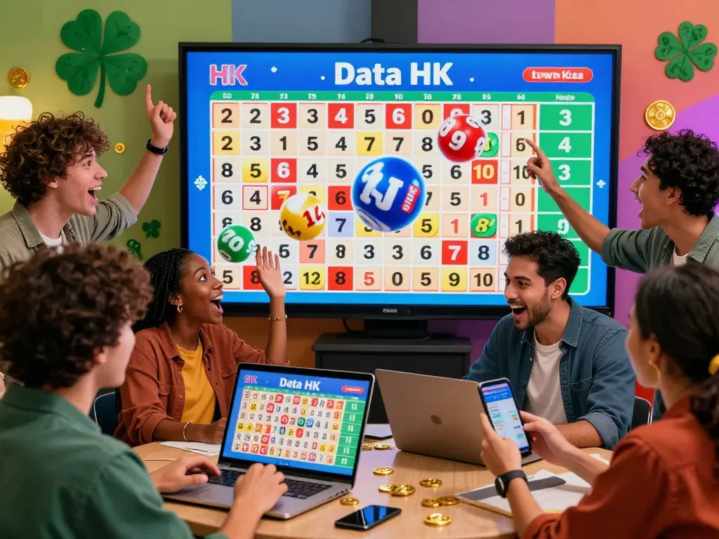 Excited group analyzing live Data HK lottery results with colorful displays and modern gadgets in a lively setting.