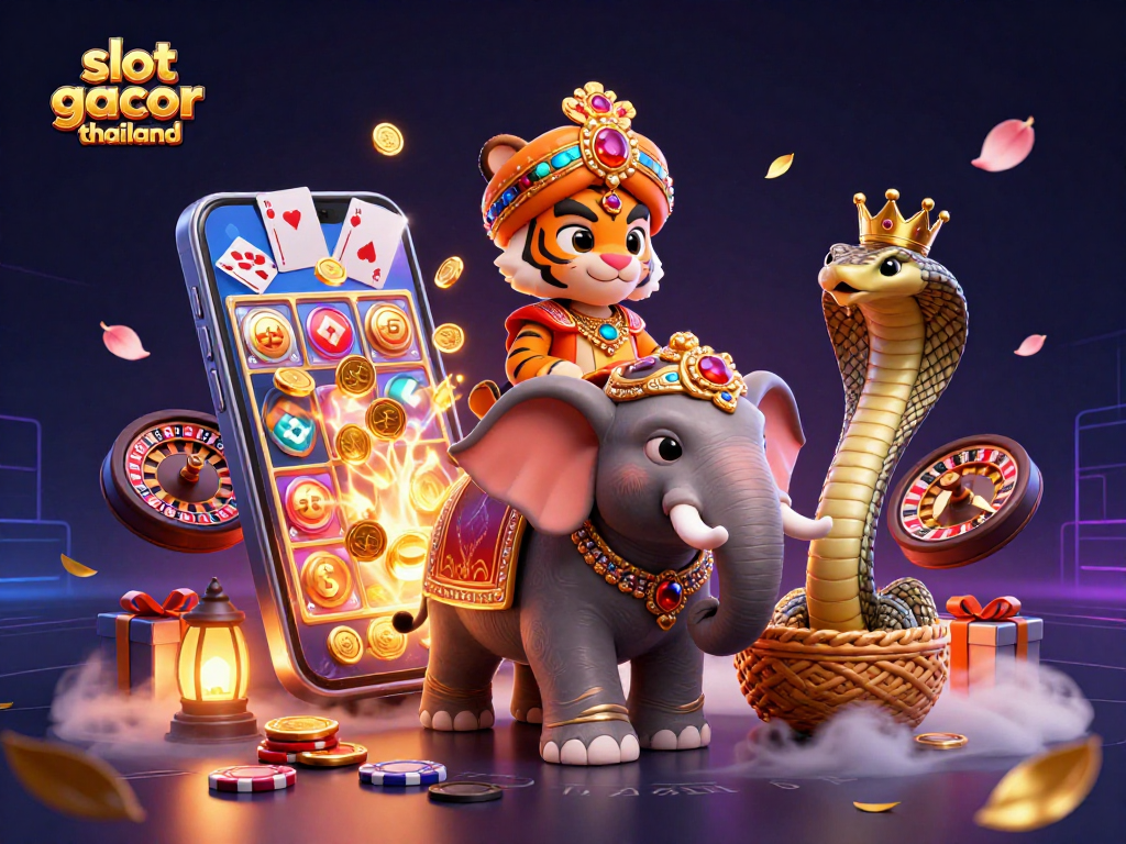 Engaging scene showcasing slot gacor thailand with a decorated maharaja riding elephant amidst vibrant casino elements.