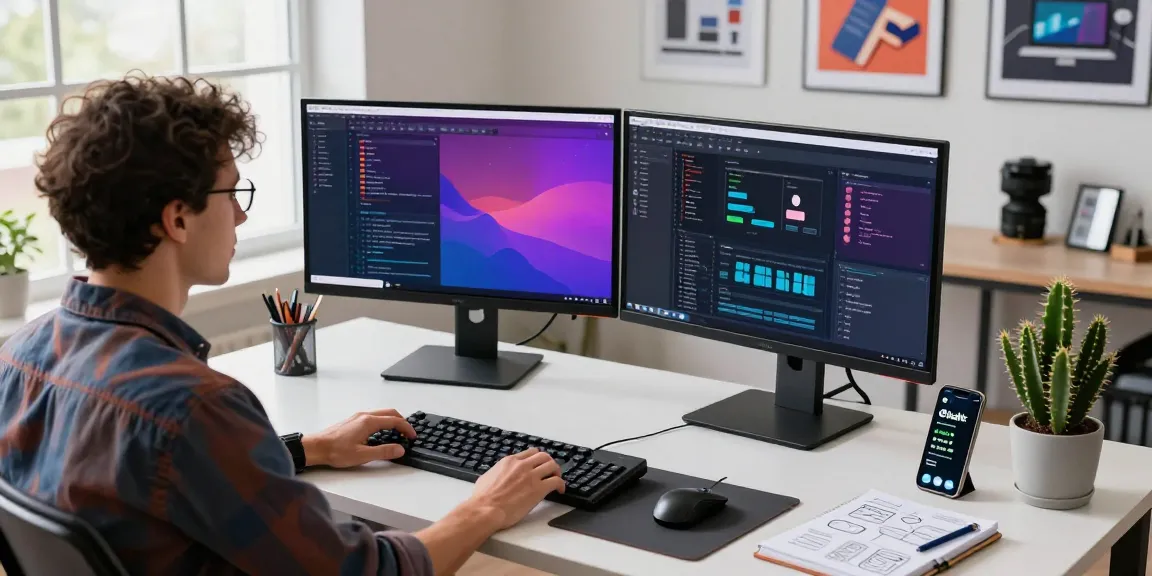 Developer using 截图软件 in a modern office setup with dual monitors and productivity tools.