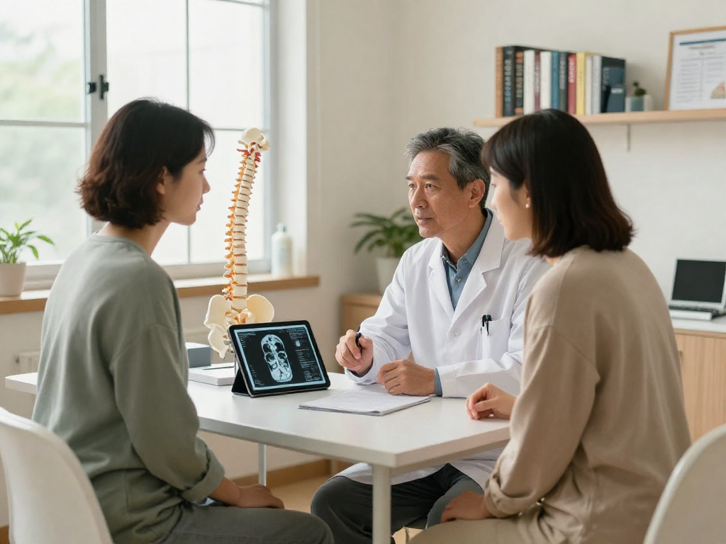 Bel kayması ameliyatı consultation scene with surgeon and patient discussing treatment options in a modern clinic.