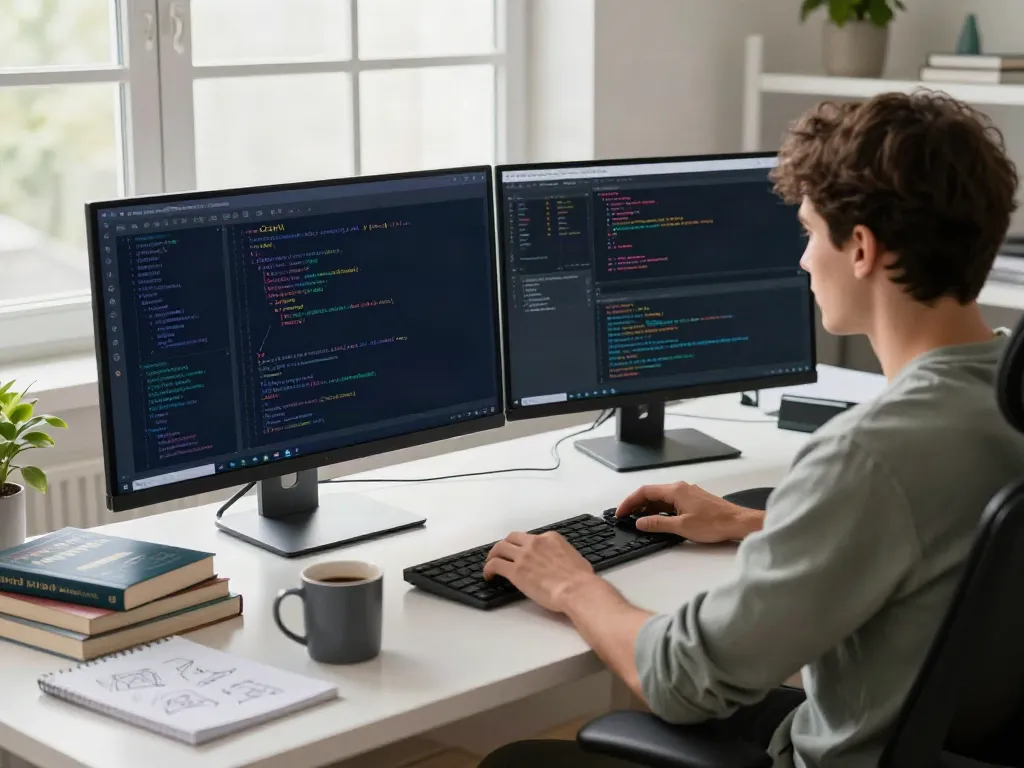 v2rayN官网 software development workspace with dual monitors and coding tools