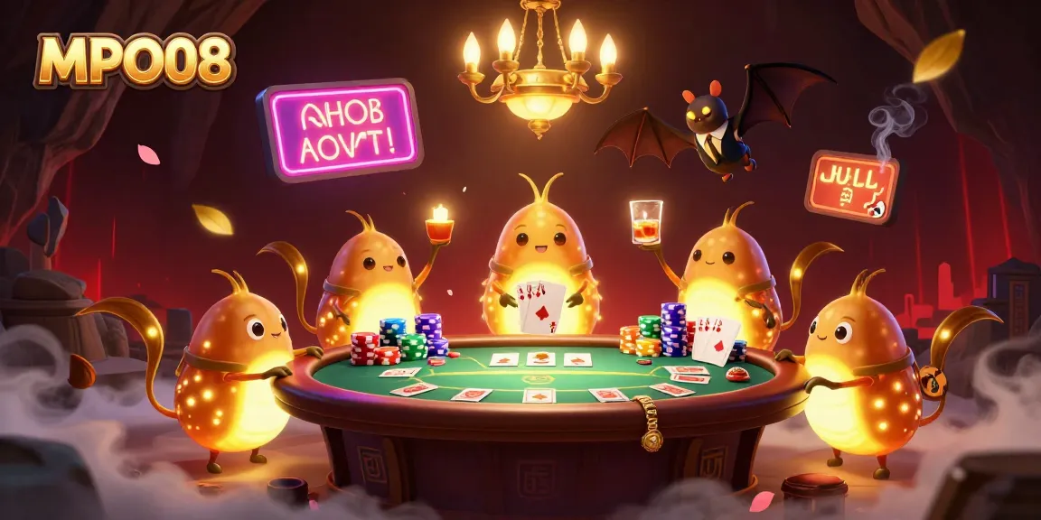 MPO08 enhances gaming experience with glowworms illuminating a lively cave casino scene.