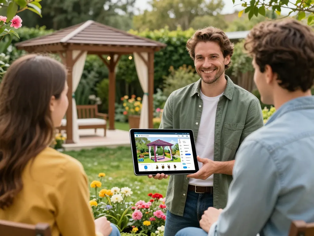 Salesperson demonstrating the All-in-One pergola Configurator to clients in a garden.
