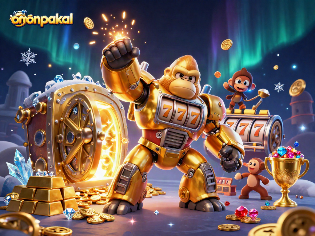 Play to win big with omonpakal in a 3D casino filled with joyful golden gorilla and riches.