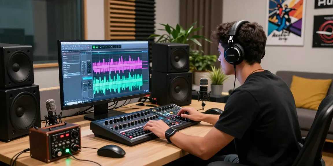 Sound design and audio editing course in a modern studio with a sound engineer at work.