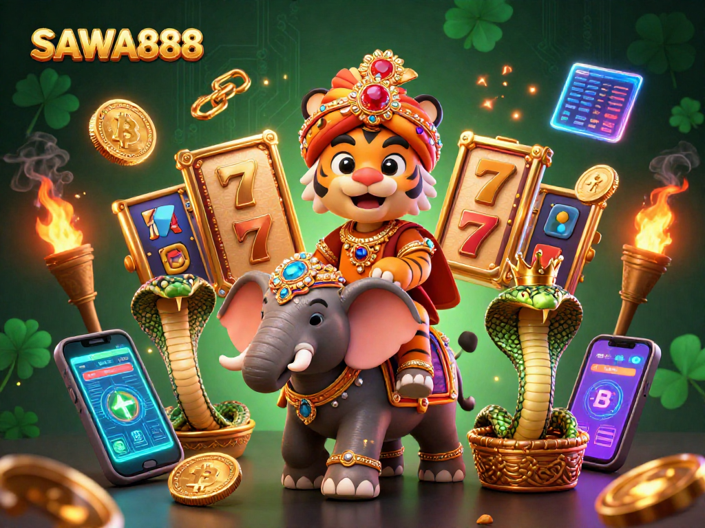 Experience excitement with SAWA888's vibrant online casino, featuring dynamic slot reels and glowing crypto elements.