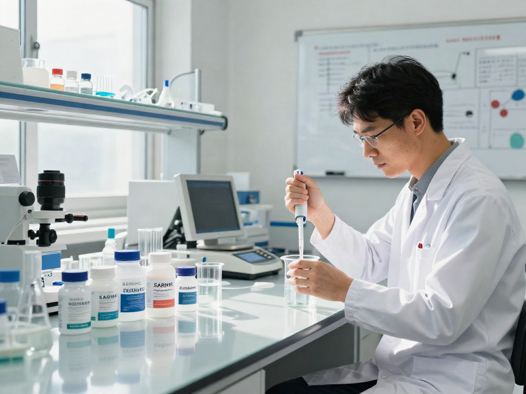 Swiss Chems products in a modern lab with a researcher preparing peptides, highlighting quality and innovation.