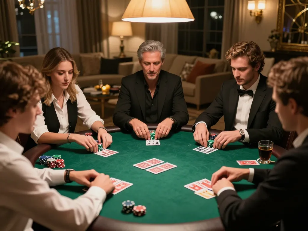 iWin poker game night with players engaged around a green felt table, warm lighting creating a cozy atmosphere
