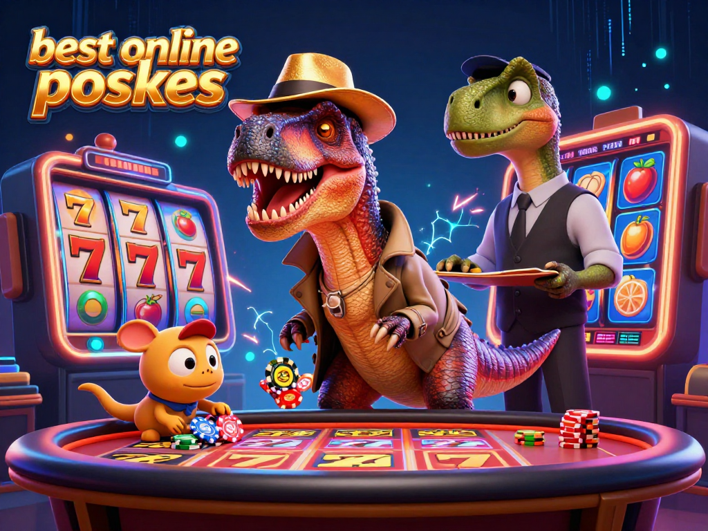 Engage with the best online pokies in this animated scene featuring a velociraptor at a poker table.