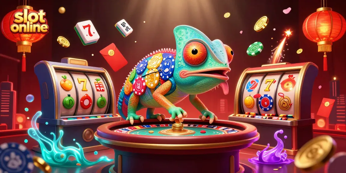 Permainan slot online yang menarik dengan chameleon kasino raksasa dan simbol kemenangan yang bersinar.