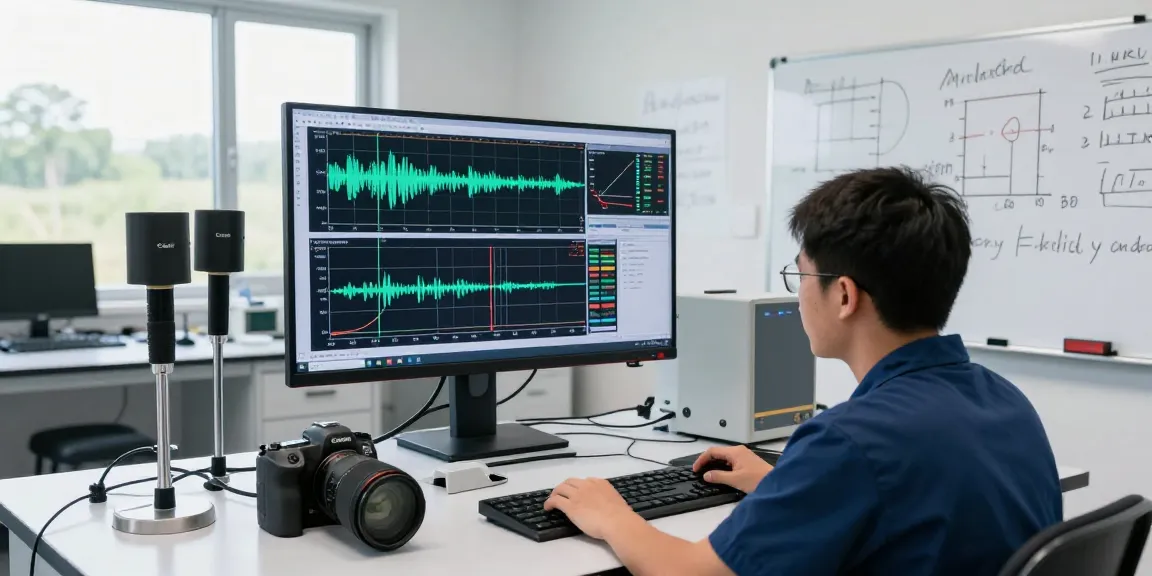 Technician analyzing geophone data with advanced geophysical instruments in a modern lab.