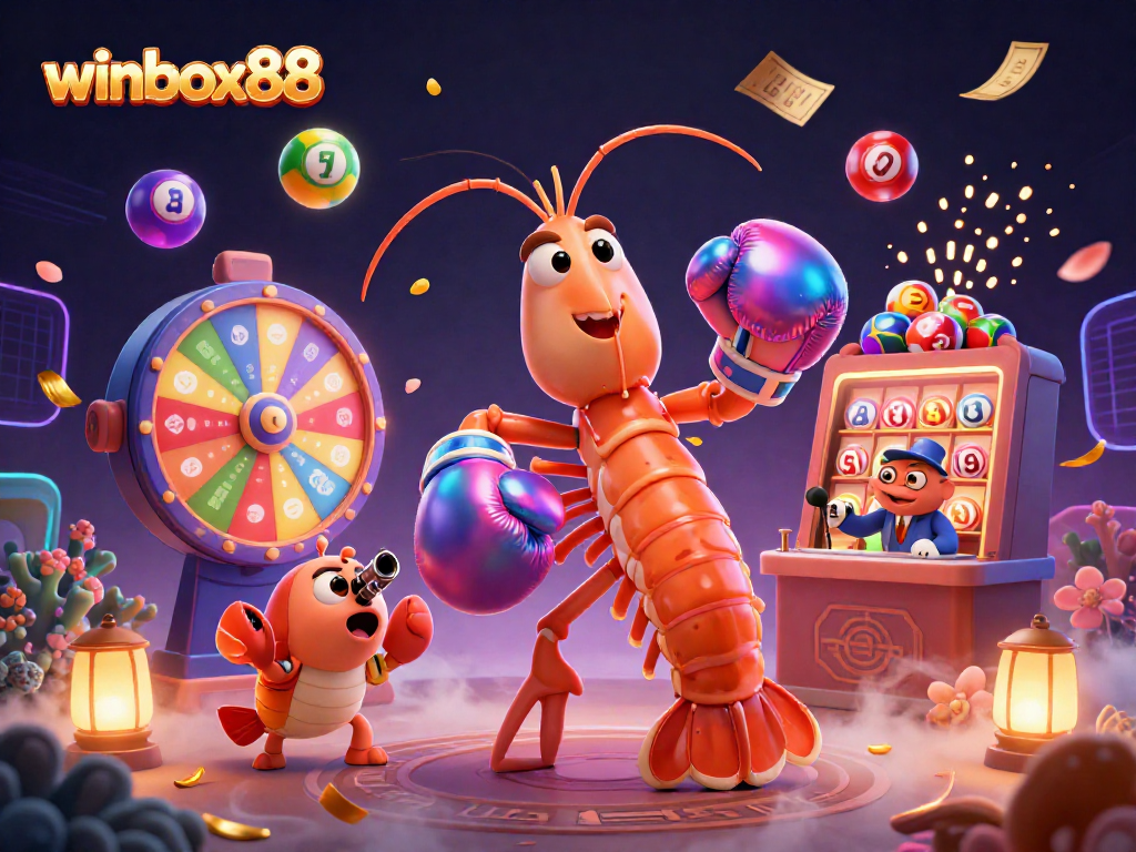 Experience winbox88 with vibrant 3D shrimp characters amidst dynamic lottery elements and casino excitement.