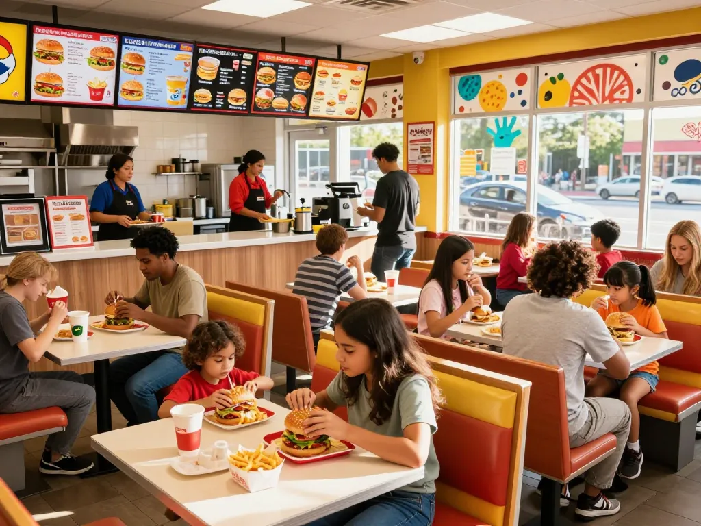 Fast food prices displayed on a colorful menu in a bustling restaurant setting.