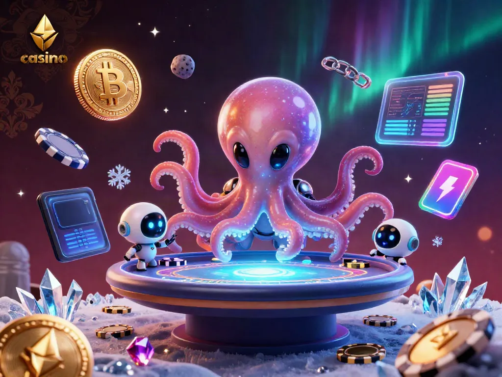Engage in futuristic casino adventures with an alien octopus at a poker table, crypto coins orbiting.