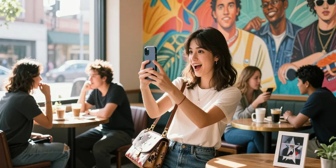 Younger woman excitedly discovering who looks like a celebrity after using the AI face identifier in a lively café.