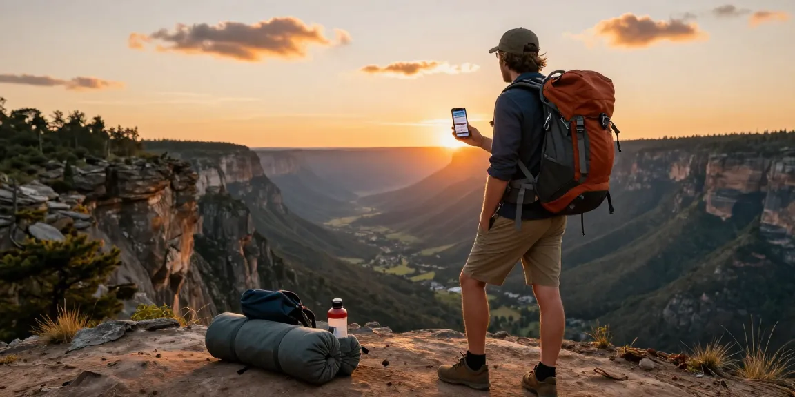 Traveler at scenic viewpoint during sunset showing rokok88 login on smartphone amidst nature.
