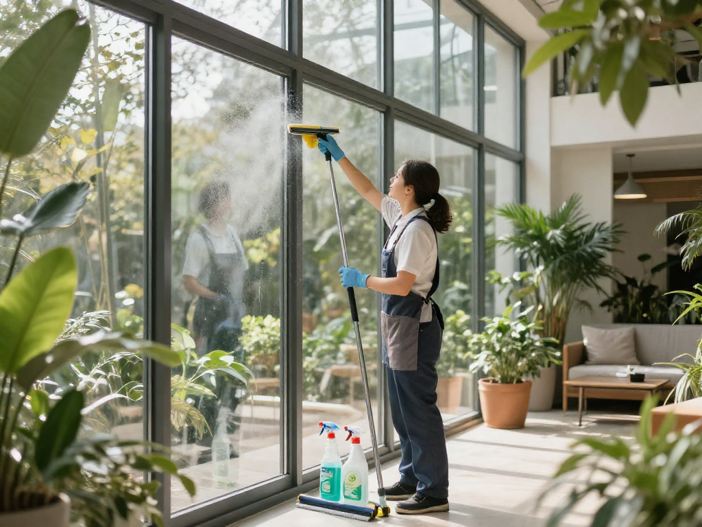 Professionelle Wintergartenreinigung mit strahlenden Fenstern und harmonischer Atmosphäre.