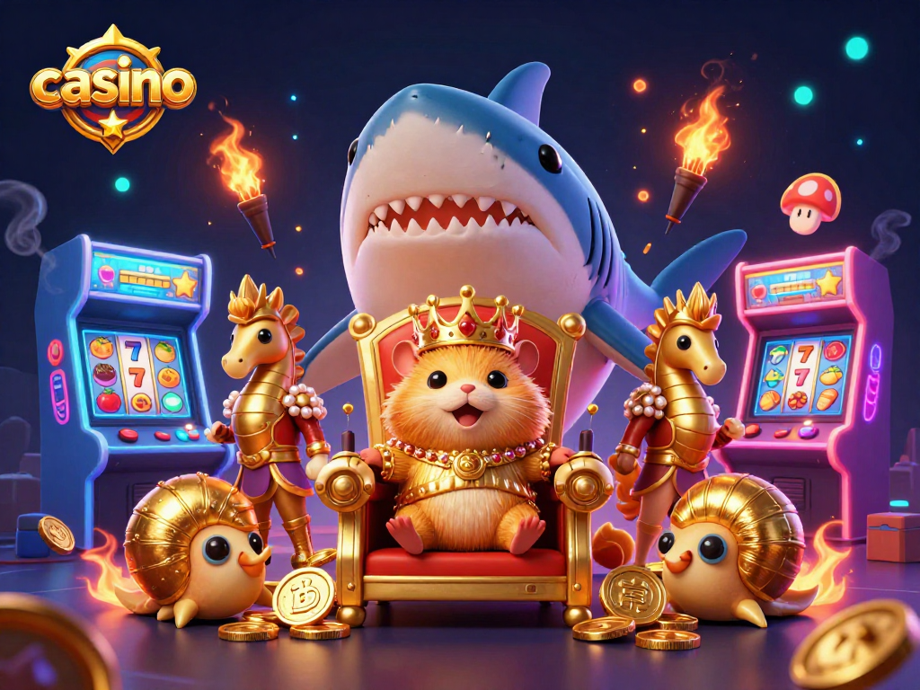 Engage with thrilling casino action featuring a golden hamster king and a shark throne.