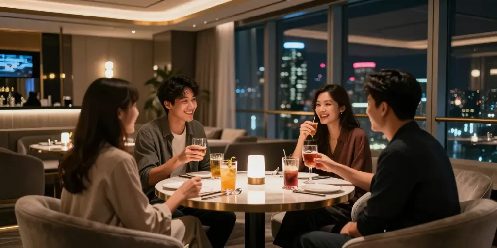 강남 구구단에서 친구들과 즐거운 대화를 나누는 모습