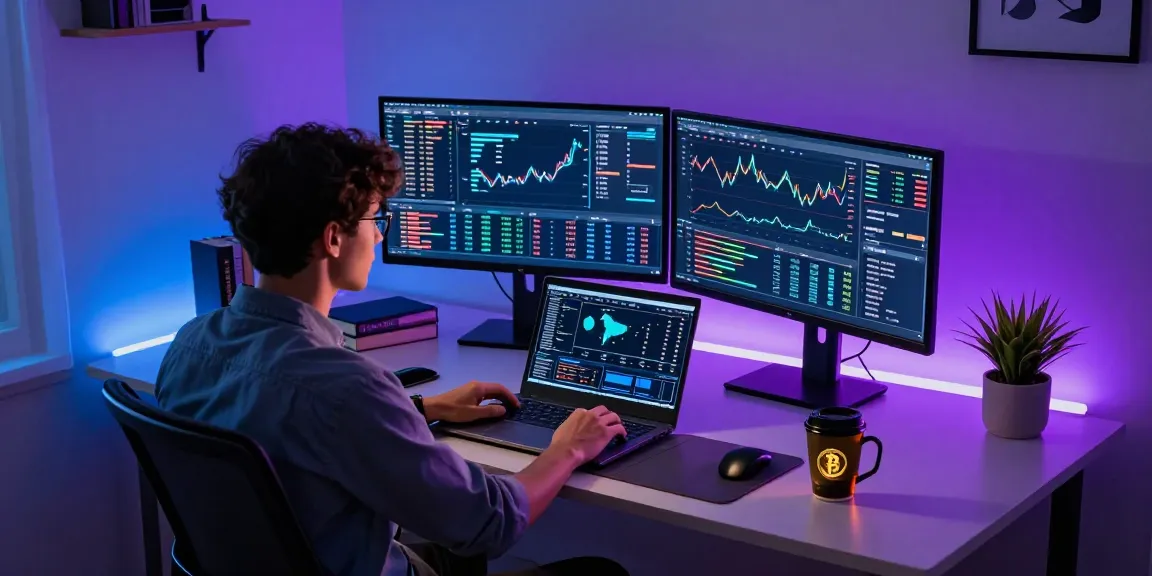 Cricbet cryptocurrency trading setup with dual monitors displaying DeFi analytics and cryptocurrency exchanges in a sleek home office ambiance.