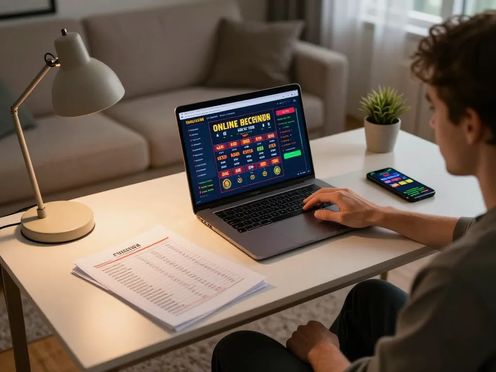 Engaging in online gaming at the best widget store with a laptop and betting notes.