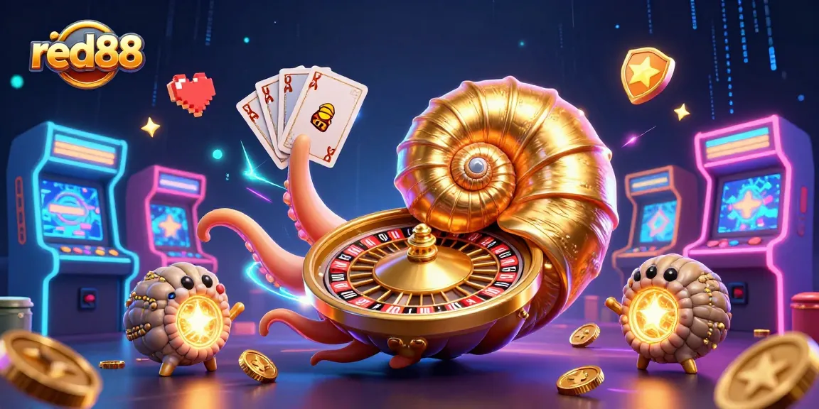 A vibrant scene depicting red88, where a giant nautilus roulette wheel interacts with gaming elements.